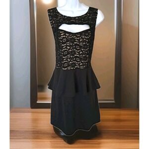 Deb Peplum Y2K Dress 2X Black Lace Sequin Peek a Boo Front Whimsigoth Coquette